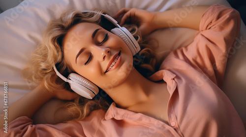 Young beautiful woman smile and listen music while lying on her bed. Happy girl fall asleep listening to relaxing music with headphones. Closeup face portrait.  photo