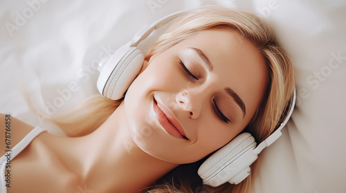 Young beautiful blond woman smile and listen music while lying on her bed. Happy girl fall asleep listening to relaxing music with headphones. Closeup face portrait. 