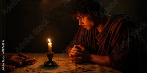 A heartfelt midrange scene of Roman poet, penning verses by candlelight, his face illuminated by the flickering flame, capturing the essence of poetic creation in ancient Rome