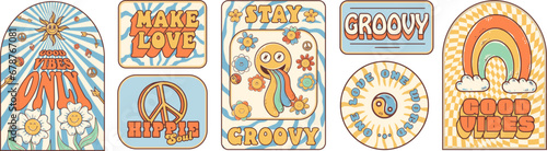 Groovy hippie 70s stickers. Funny cartoon flower, rainbow, peace, Love, smile, mushroom, eye. Sticker pack in trendy retro psychedelic cartoon style 60s. Flower power. Good vibes. Stay groovy.