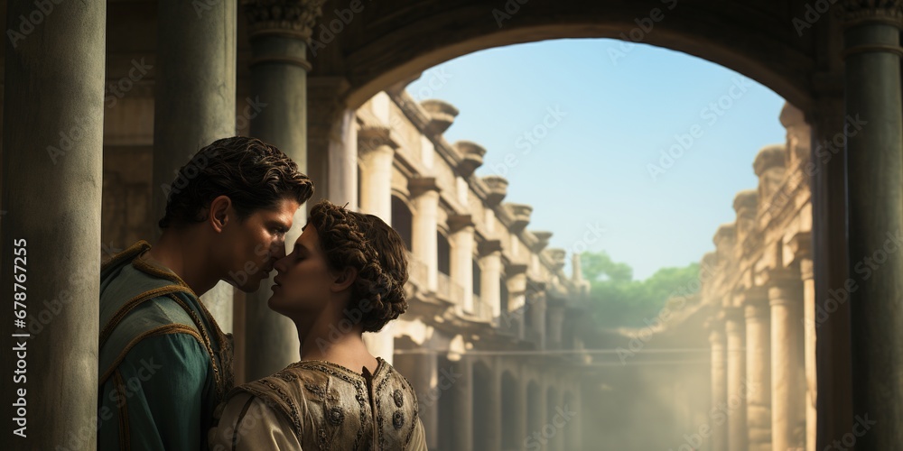A tender scene of Emperor Augustus with his wife, sharing a private moment in a lush garden, their expressions reflecting mutual respect and deep affection - obrazy, fototapety, plakaty 