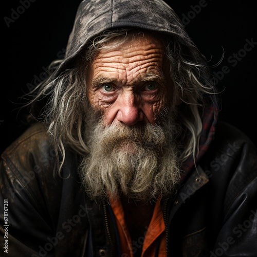 Portrait of a man 50-60 years old, hobo, homeless.