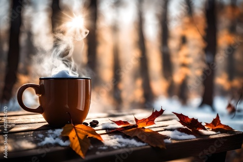 With a softly blurred winter background, a hot coffee cup with smoke coming out of it is nestled among snowy leaves on a wooden table.