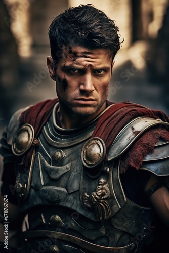 A portrait of a Roman gladiator, moments before entering the Colosseum, capturing the intensity in his eyes and the determination in his posture