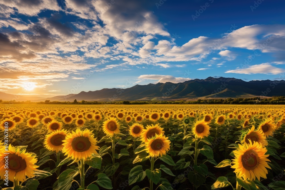 Landscape. A view of a sunflower field surrounded by mountains and a blue sky.