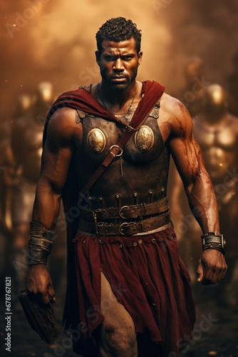 A powerful midrange depiction of Spartacus, the legendary gladiator and leader of a slave rebellion, in a moment of rallying his followers, his expression one of determination and inspiring leadership