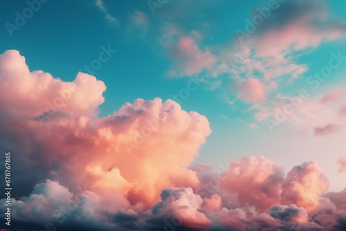 Clouds in the sky with a pink and blue gradient background. Generative AI © KaterynaVS