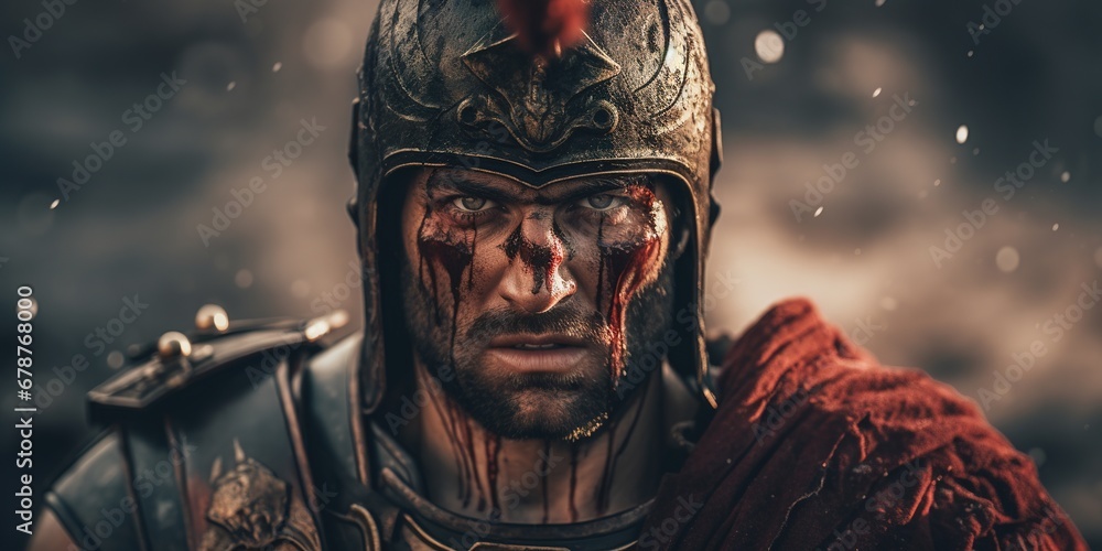 A powerful shot of a Roman centurion in full battle gear, standing resolutely with a commanding view over a military training ground, his face set with determination and leadership