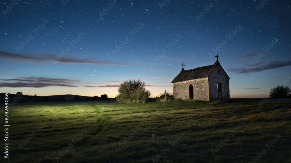 A rural Christian church is located in the middle of a green field. The atmosphere is near dusk and the sky is full of stars.