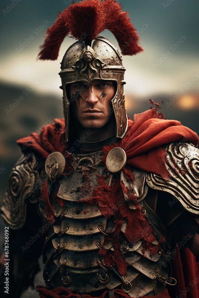 A Powerful Shot Of A Roman Centurion In Full Battle Gear, Standing 