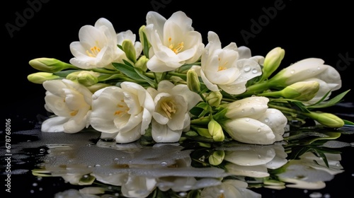 bouquet of freesia on a black background with water drops. Spring Flowers. Freesia. Springtime Concept. Mothers Day Concept with a Copy Space. Valentine's Day.