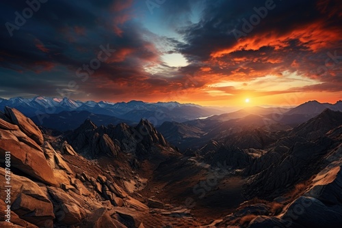 View from the top of a high mountain, evening atmosphere in blue and red tones. © linen