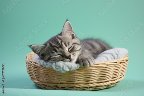 Kitten sleeping in a wicker basket, relaxing pastel background.