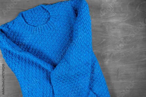 Warm winter handmade knitted blue wool sweater