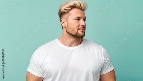 plus size chubby blonde beautiful man with white t-shirt pastel color background, front posing, From the waist up, hands in pockets, Mockup template for t-shirt design print