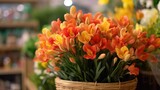 Bouquet of orange and yellow freesia flowers. Spring Flowers. Freesia. Springtime Concept. Mothers Day Concept with a Copy Space. Valentine's Day.