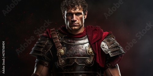 A striking portrait of the famous Roman general, clad in battle armor, with a look of fierce determination, as he strategizes his next military move © EOL STUDIOS