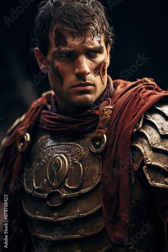 A striking portrait of the famous Roman general, clad in battle armor, with a look of fierce determination, as he strategizes his next military move