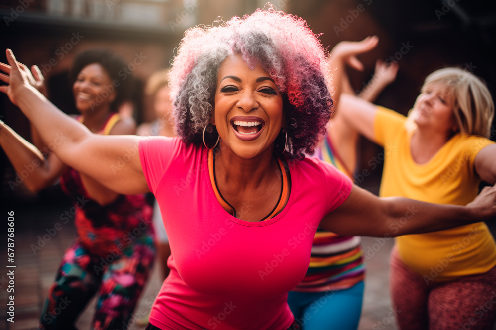 Middle-aged women enjoying a joyful dance class, candidly expressing their active lifestyle through Zumba with friends Middle-aged women enjoying a joyful dance class, candidly expressing their active lifestyle through Zumba with friends