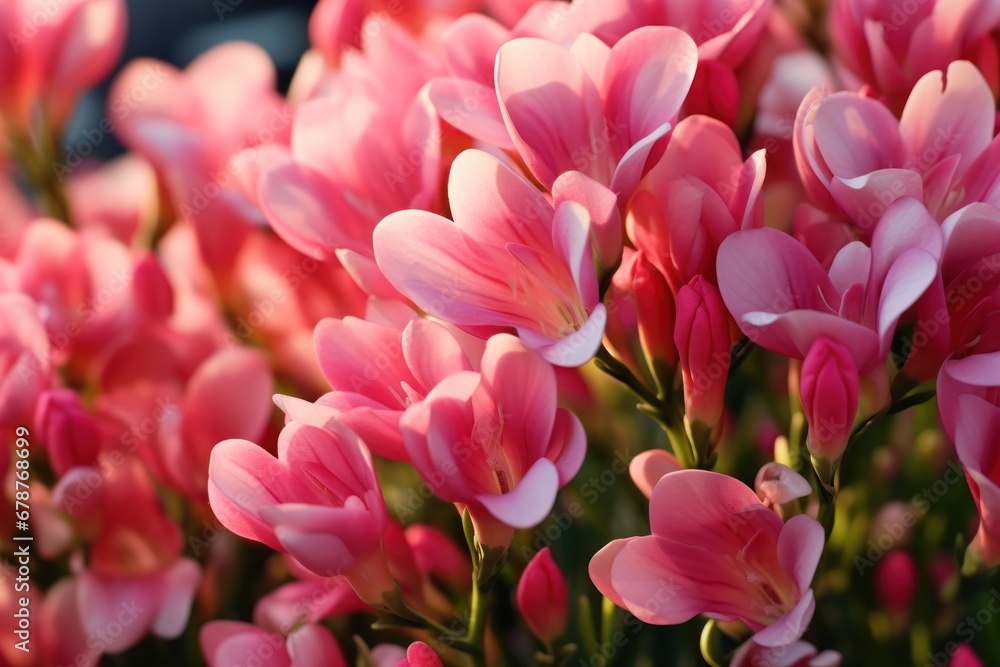 Beautiful pink freesia flowers in the garden. Spring Flowers. Freesia. Springtime Concept. Mothers Day Concept with a Copy Space. Valentine's Day.