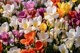 colorful freesia flowers in the garden, closeup. Spring Flowers. Freesia. Springtime Concept. Mothers Day Concept with a Copy Space. Valentine's Day.