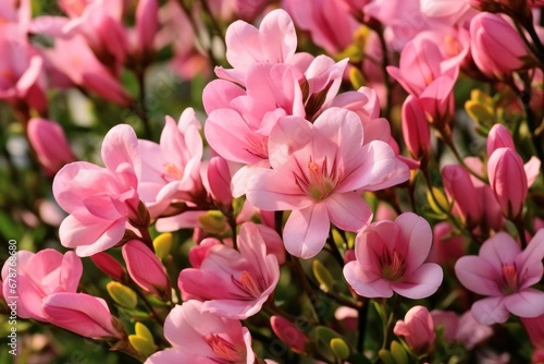 Beautiful pink freesia flowers in the garden. Spring Flowers. Freesia. Springtime Concept. Mothers Day Concept with a Copy Space. Valentine s Day.