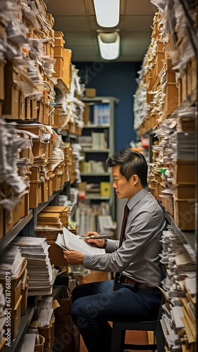 Searching cabinet shelves for criminal case documentation, an Asian private investigator works in the archive repository office..