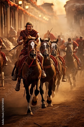 The final, decisive moments of a chariot race in the Circus Maximus