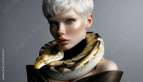 Blonde high fashion model with python around the neck