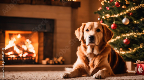 Golden Retriever by the Christmas tree with presents by the fireplace