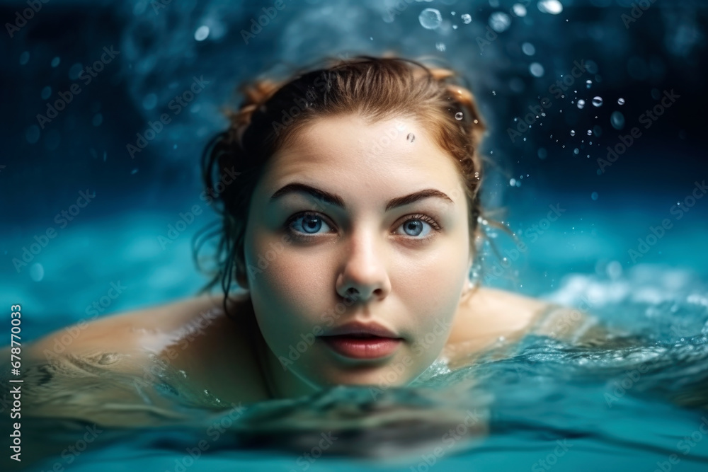Fat chubby plus size woman swims in the pool, close-up portrait in the water Fat chubby plus size woman swims in the pool, close-up portrait in the water
