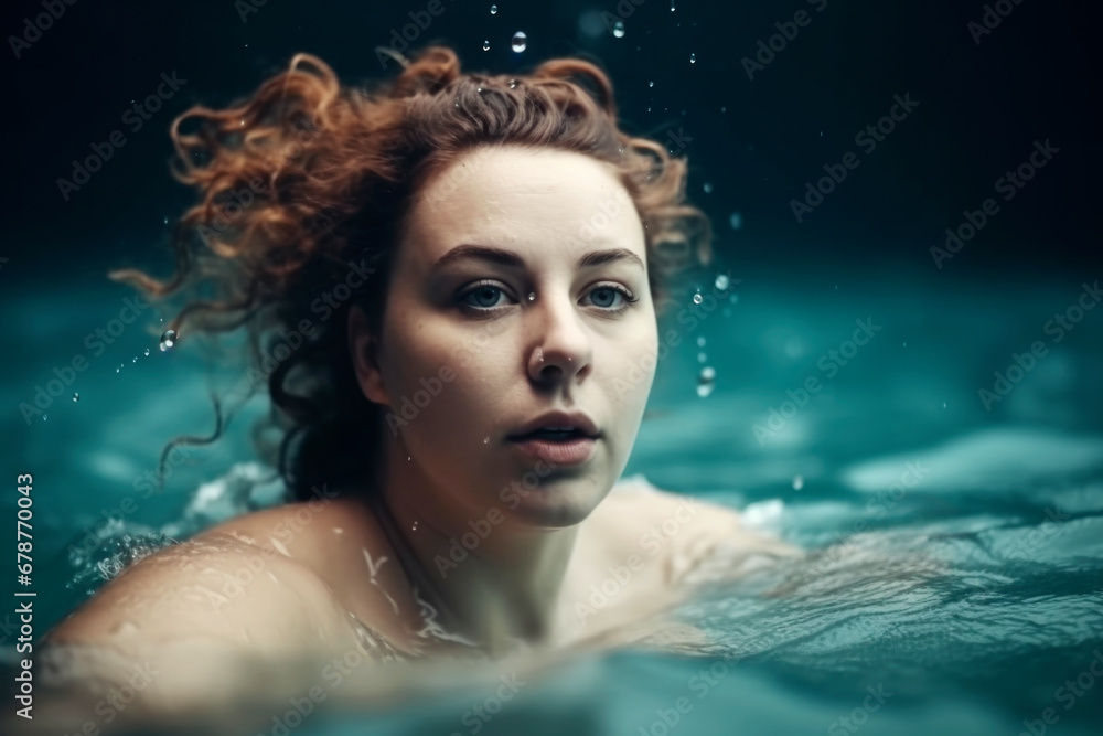 Fat chubby plus size woman swims in the pool, close-up portrait in the water Fat chubby plus size woman swims in the pool, close-up portrait in the water