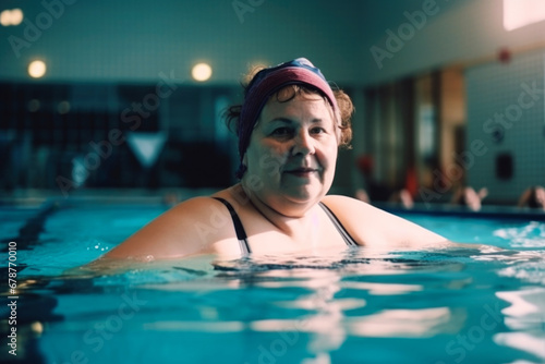 Fat chubby senior woman swims in the pool, close-up portrait in the water