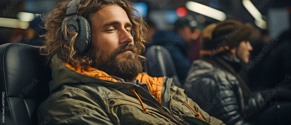 An airport man is stranded. Picture of a bearded, hippie-style-dressed traveller dozing off on his travel rucksack at the airport waiting area while seated in a black chair .