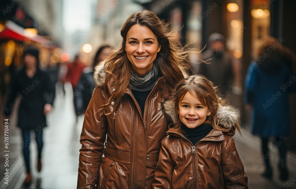 Walking in the middle of the crowd on City Street with her daughter. Walking in the middle of the crowd on City Street with her daughter.