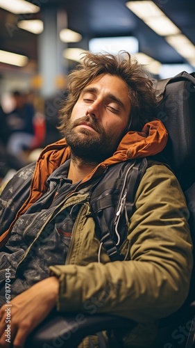 An airport man is stranded. Picture of a bearded, hippie-style-dressed traveller dozing off on his travel rucksack at the airport waiting area while seated in a black chair . © tongpatong