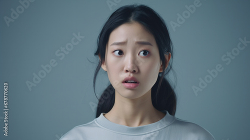 Worried young Asian woman with wide eyes, looking startled and concerned, against a cool-toned background photo