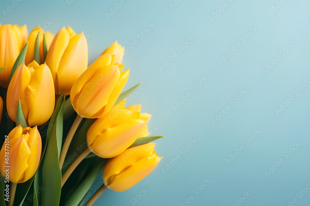 yellow Tulips on blue surface greeting card. Woman's day, 8 march, Easter, Mother's day, anniversary, wedding yellow Tulips on blue surface greeting card. Woman's day, 8 march, Easter, Mother's day, anniversary, wedding