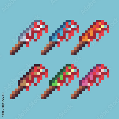  Pixel art sets of bloody knife with variation color item asset.Bloody knife on pixelated style. 8bits perfect for game asset or design asset element for your game design asset
