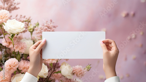 Female hands holding a blank white flyer on roses bouquets background of a flower shop. Free space for advertising text. photo