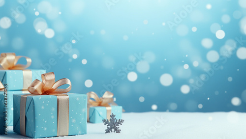 Gifts for the New Year. Christmas and New Year blues background. Gift boxes and pine cones for holiday. © Pavel