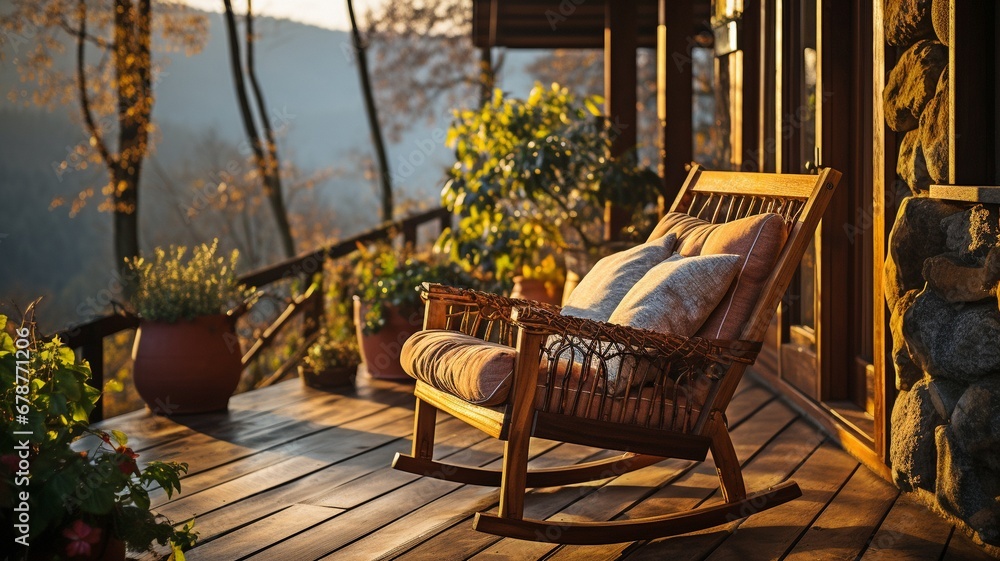 Rocking chair on a wooden cottage's patio in the warm sunlight .
