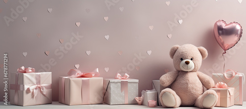 Osito de peluche sobre fondo con corazones, con espacio vacio para texto, en tonos rosas y blancos, con cajas de regalos . Concepto de celebraciones, San Valentin, aniversarios, cumpleaños photo