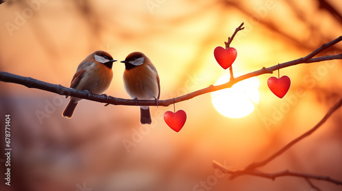 Cute love birds are sitting on a branch. Valentine's day concept. © Анастасия Козырева