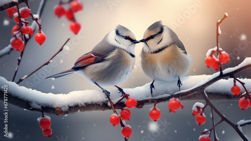 Cute love birds are sitting on a branch. Valentine's day concept.