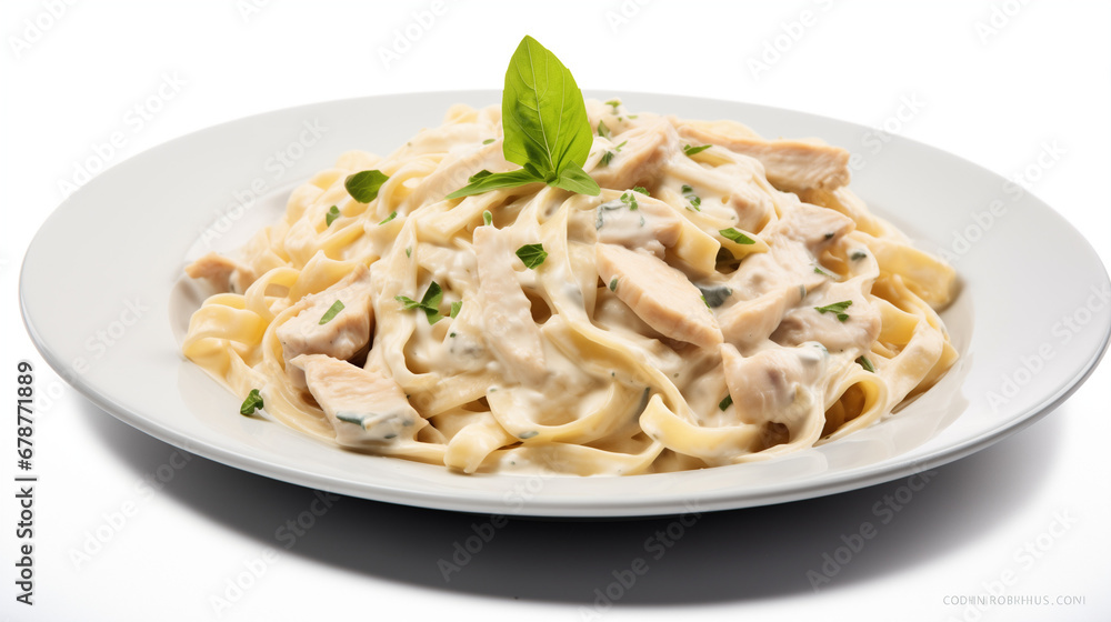 Italian Chicken Alfredo Pasta on Isolated White Background Italian Chicken Alfredo Pasta on Isolated White Background