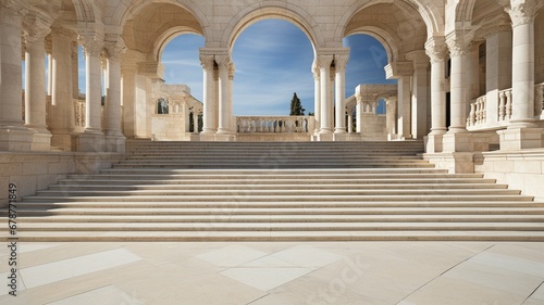 Details of the marble steps and colonnade of stone columns. building entryway, row of classical pillars,. photo