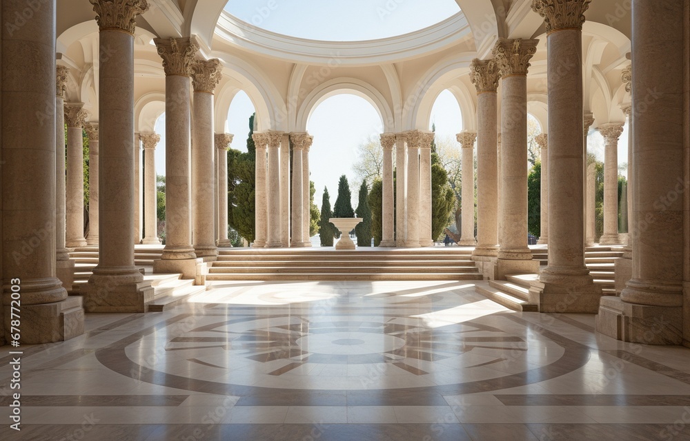 Details of the marble steps and colonnade of stone columns. building entryway, row of classical pillars,.
