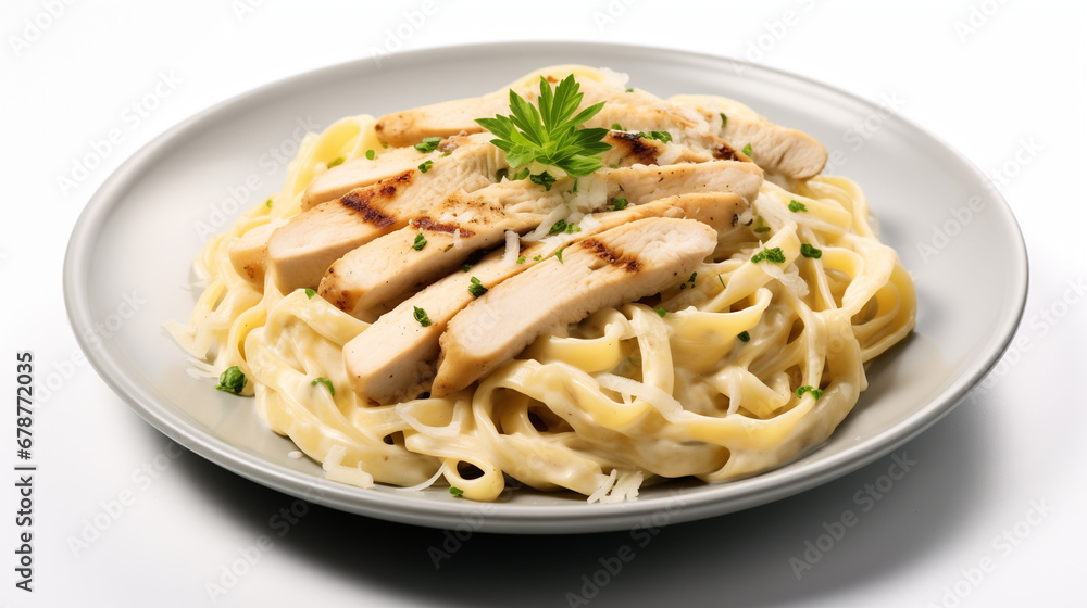 Italian Chicken Alfredo Pasta on Isolated White Background Italian Chicken Alfredo Pasta on Isolated White Background