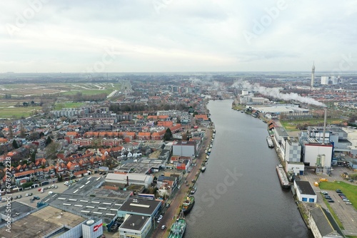 Aerial view of a city at a river